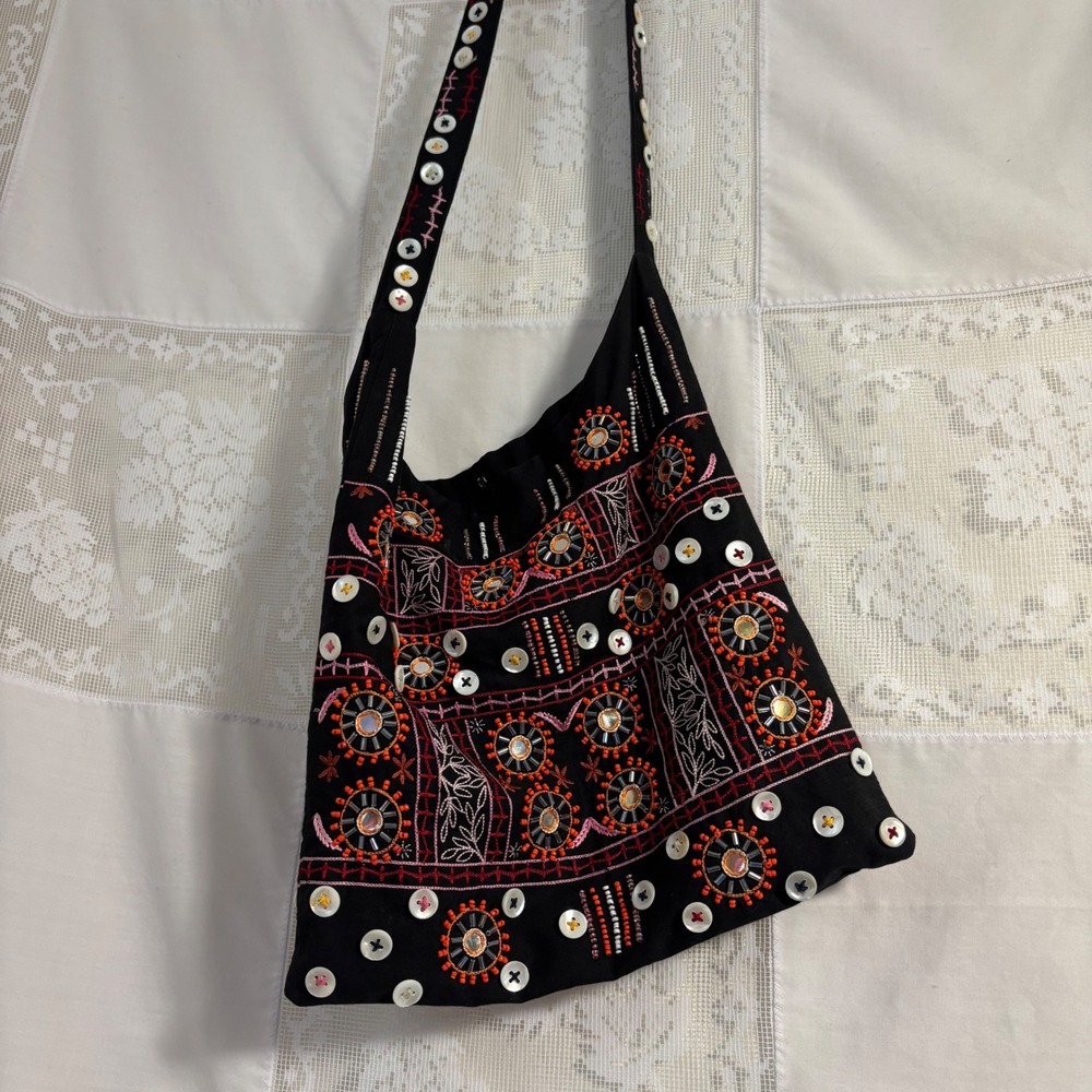 Black Beaded Embroidered Boho Cross Body Beach Bag‎